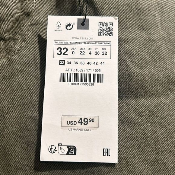 NWT Zara Wide Leg Cropped Army Green Jeans, Size 0 - Picture 4 of 12